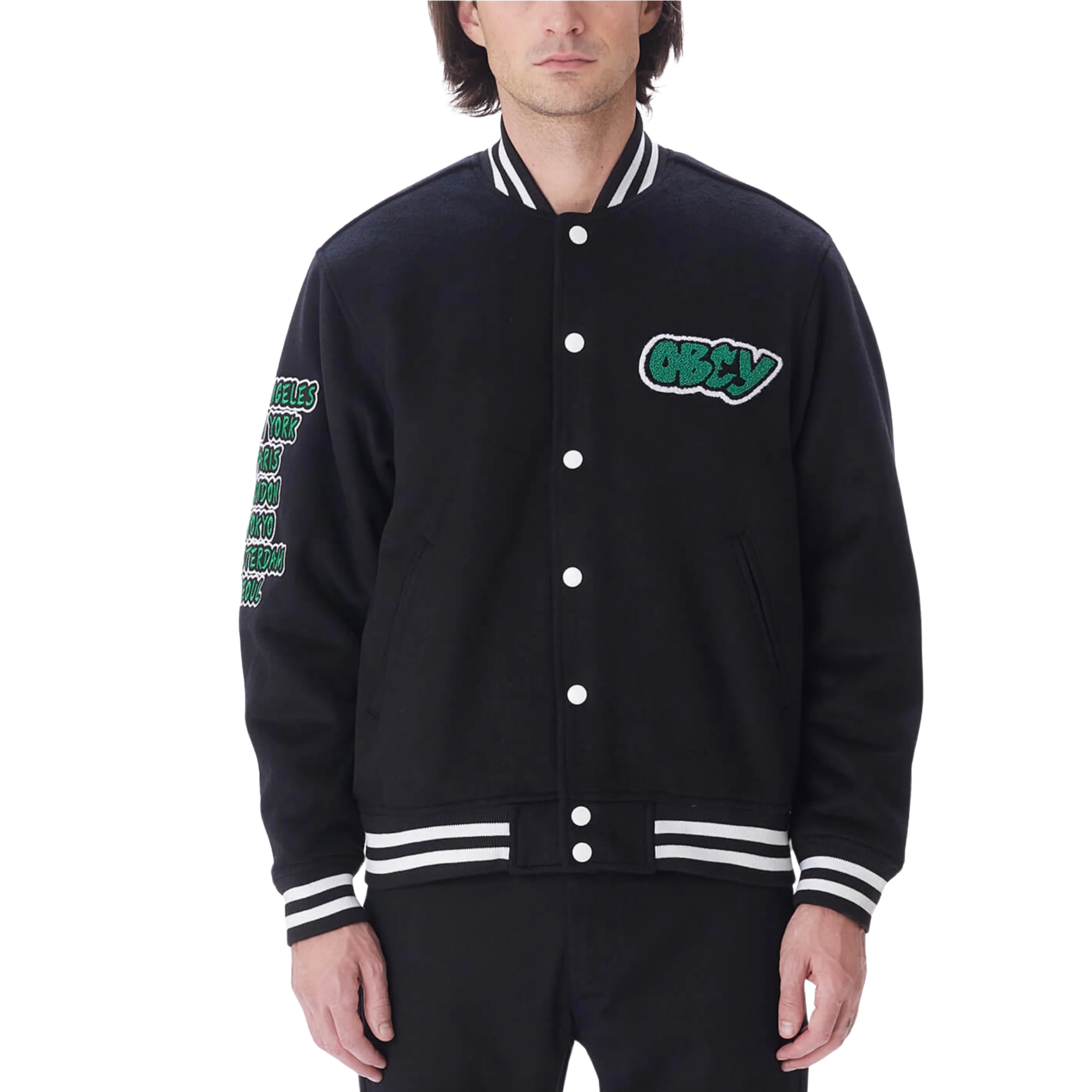 OBEY ROLL CALL VARSITY JACKET- BLACK - Image 3